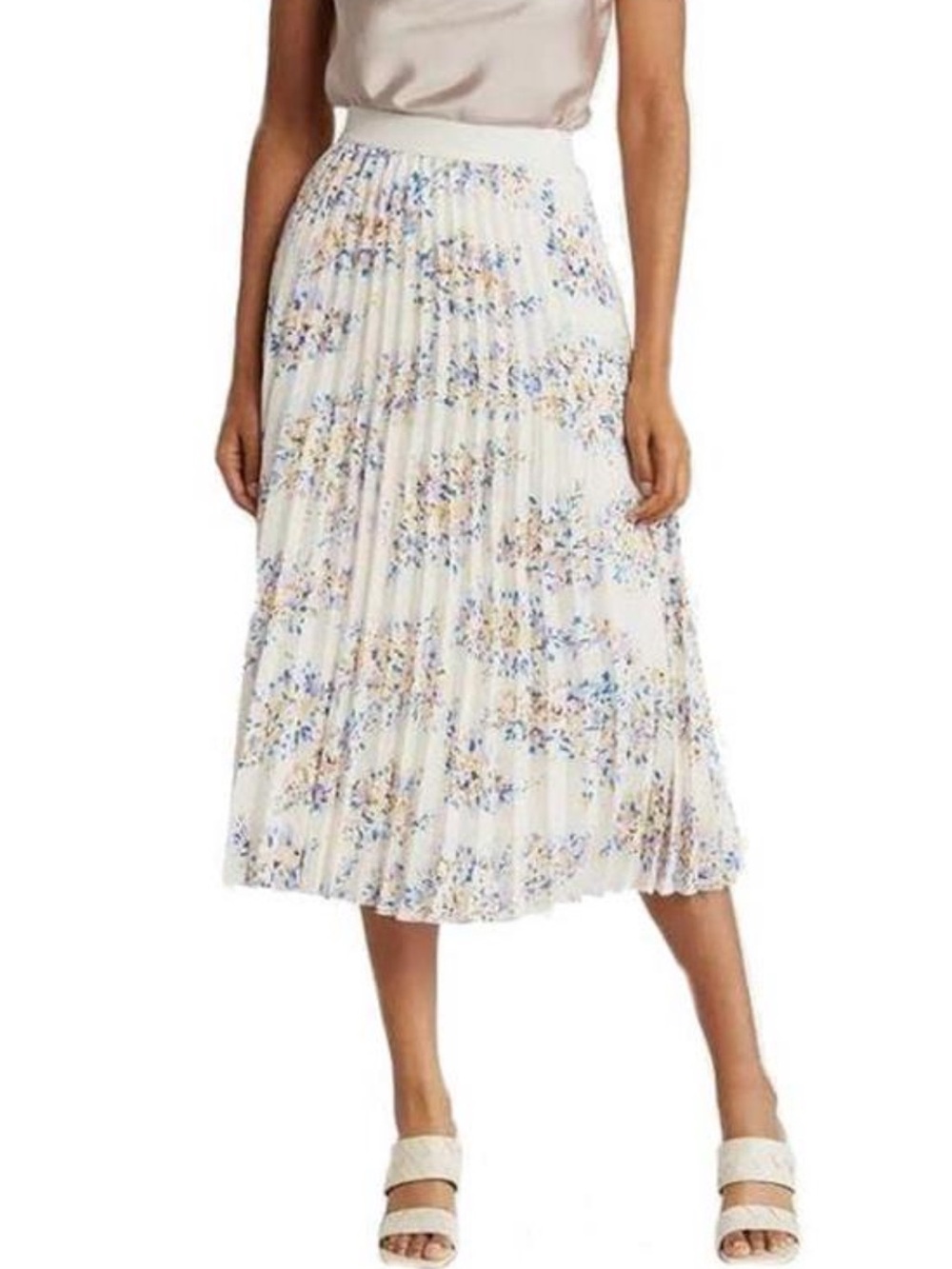 Vince Camuto Ivory Pleated Maxi Skirt with Blue & Peach Floral Print